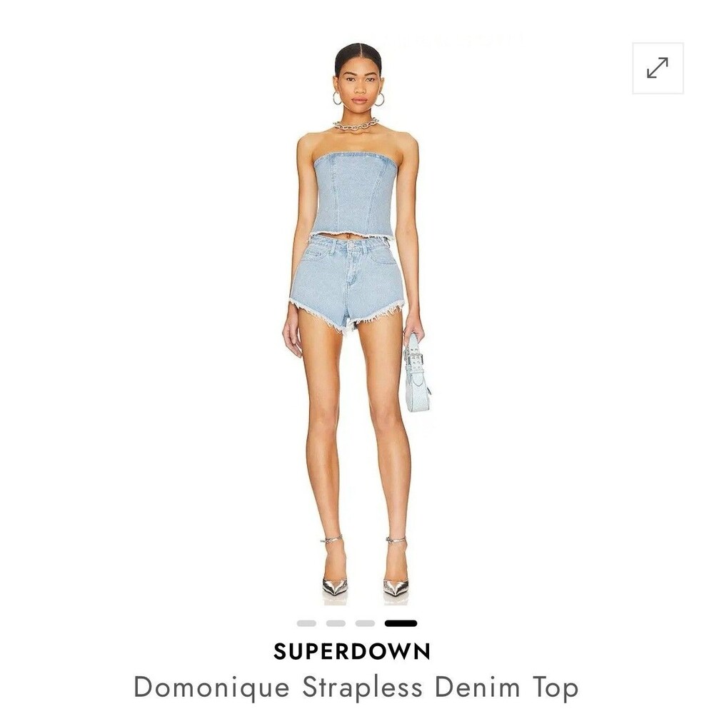 Superdown Domonique Denim Top Blue Strapless Frayed Hem Back Zip Sz Small NWT